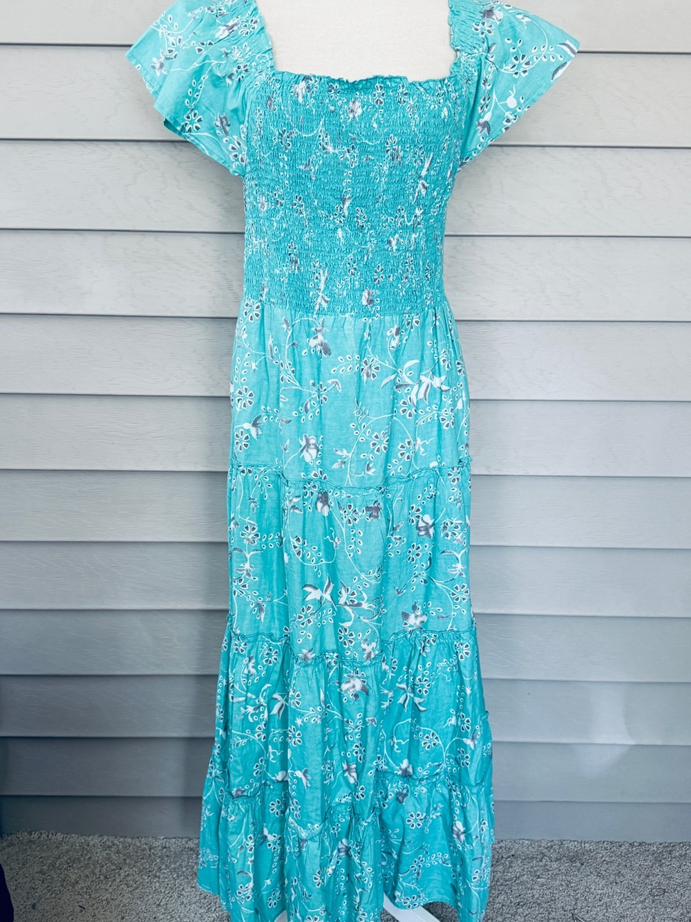 Aqua Floral Smocked Maxi Dress - Women